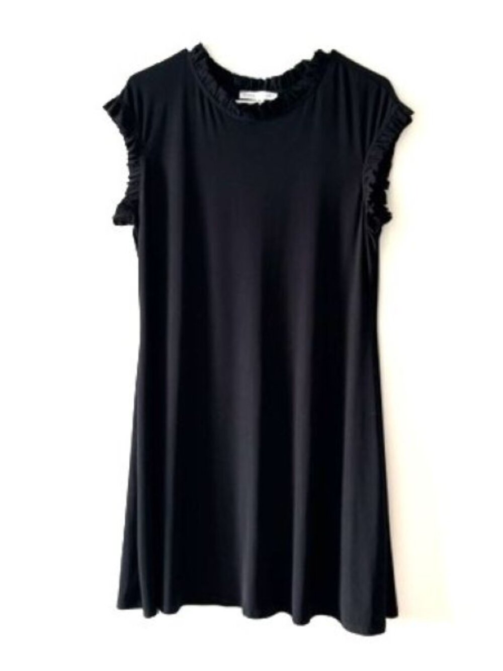 Annalee + Hope Black Swing Dress with Ruffle Trim on Neckline and Cap Sleeves